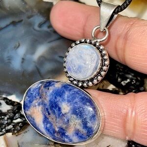Crystal Pairing: Navy Sodalite & Rainbow Moonstone Pendant 2”